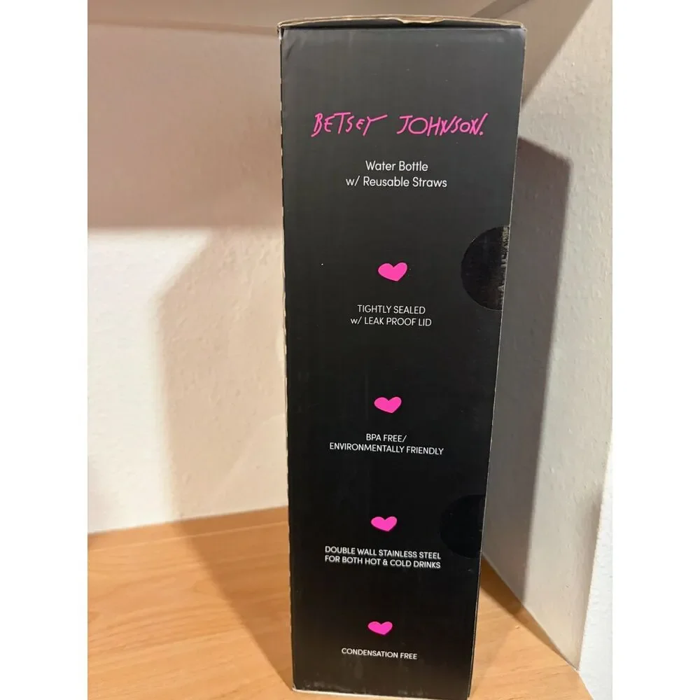 Betsey Johnson Leopard Print Water Bottle with Reusable Straws NIB